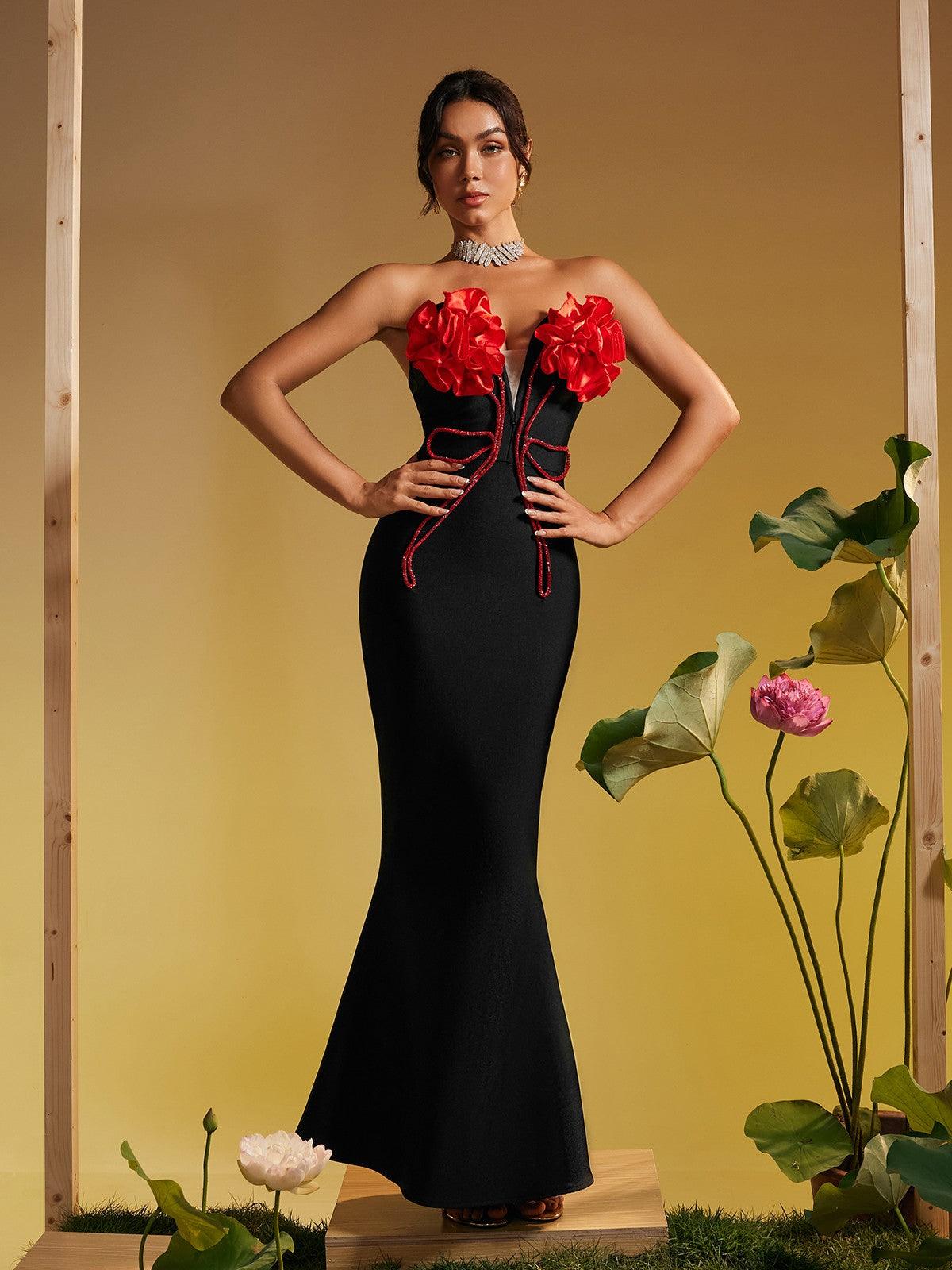 Robe longue bustier à fleurs et cristaux 