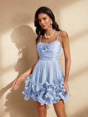 Spaghetti Flower Ruffle Mini Dress In Blue
