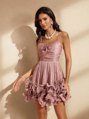 Spaghetti Flower Ruffle Mini Dress In Pink