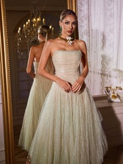 Robe midi bustier en maille froncée verte 