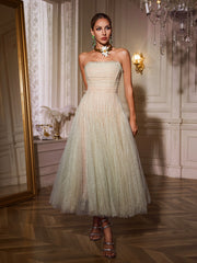 Robe midi bustier en maille froncée verte 