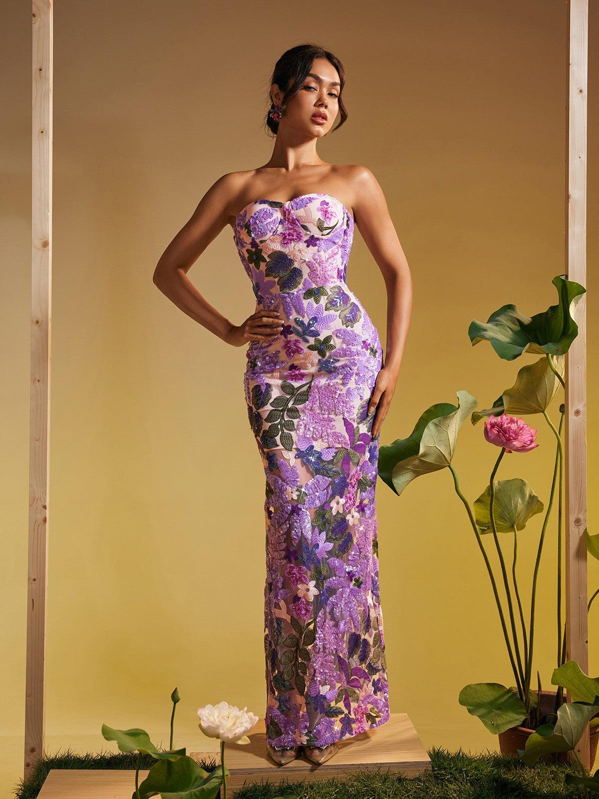 Strapless Sequin Embroidered Maxi Dress In Purple