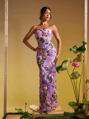 Strapless Sequin Embroidered Maxi Dress In Purple