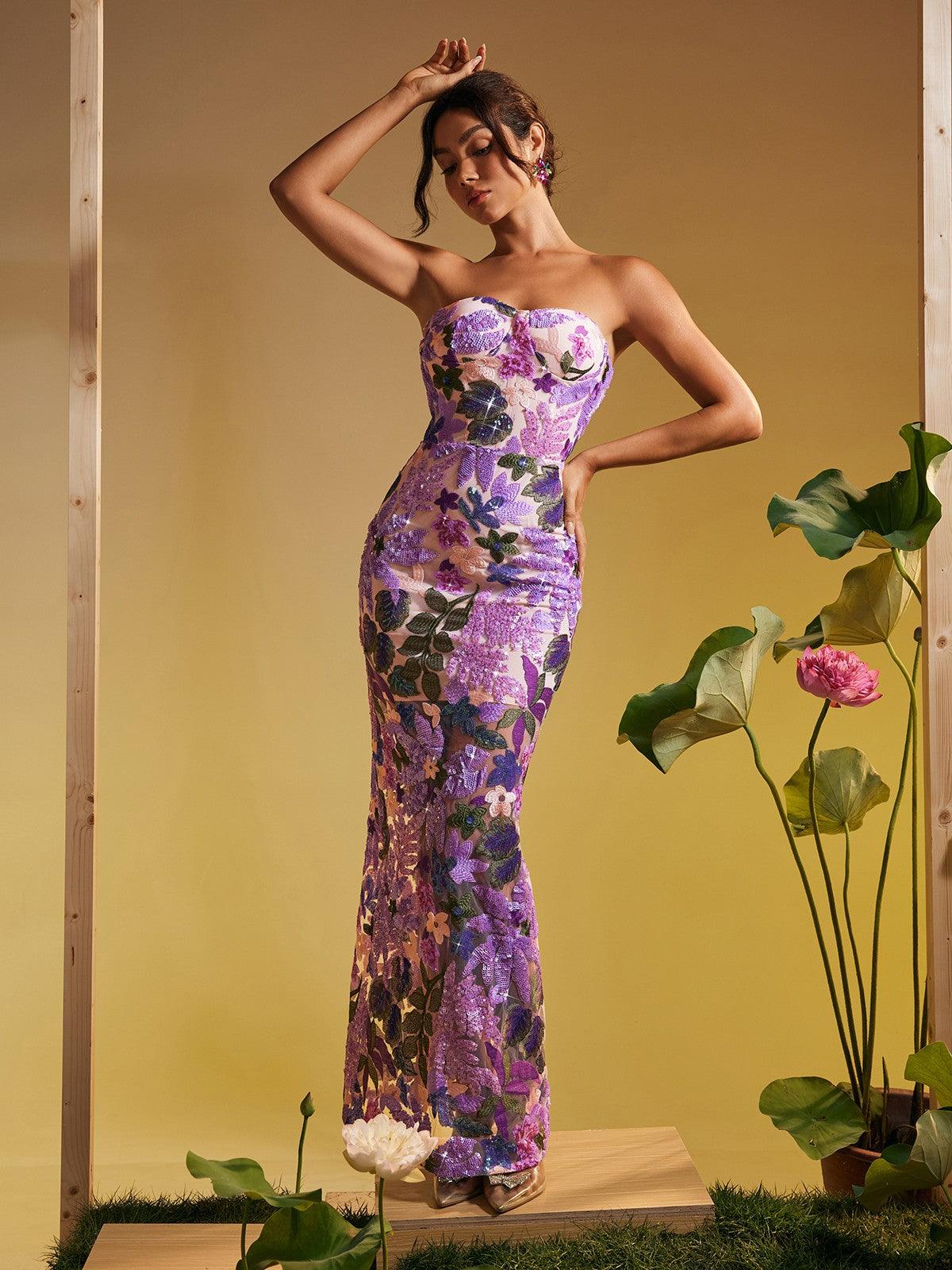 Strapless Sequin Embroidered Maxi Dress In Purple