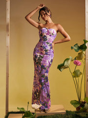 Strapless Sequin Embroidered Maxi Dress In Purple