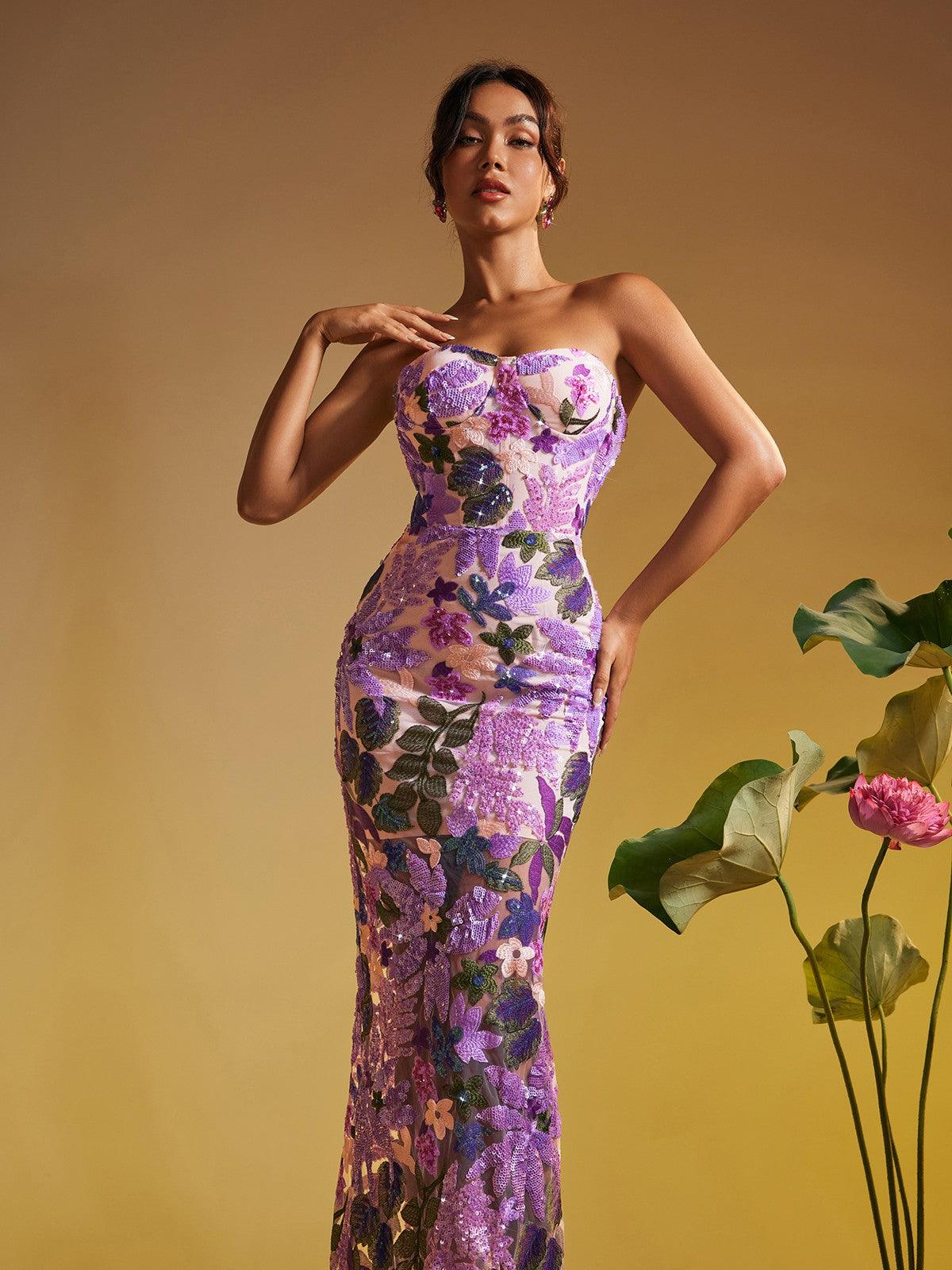 Strapless Sequin Embroidered Maxi Dress In Purple