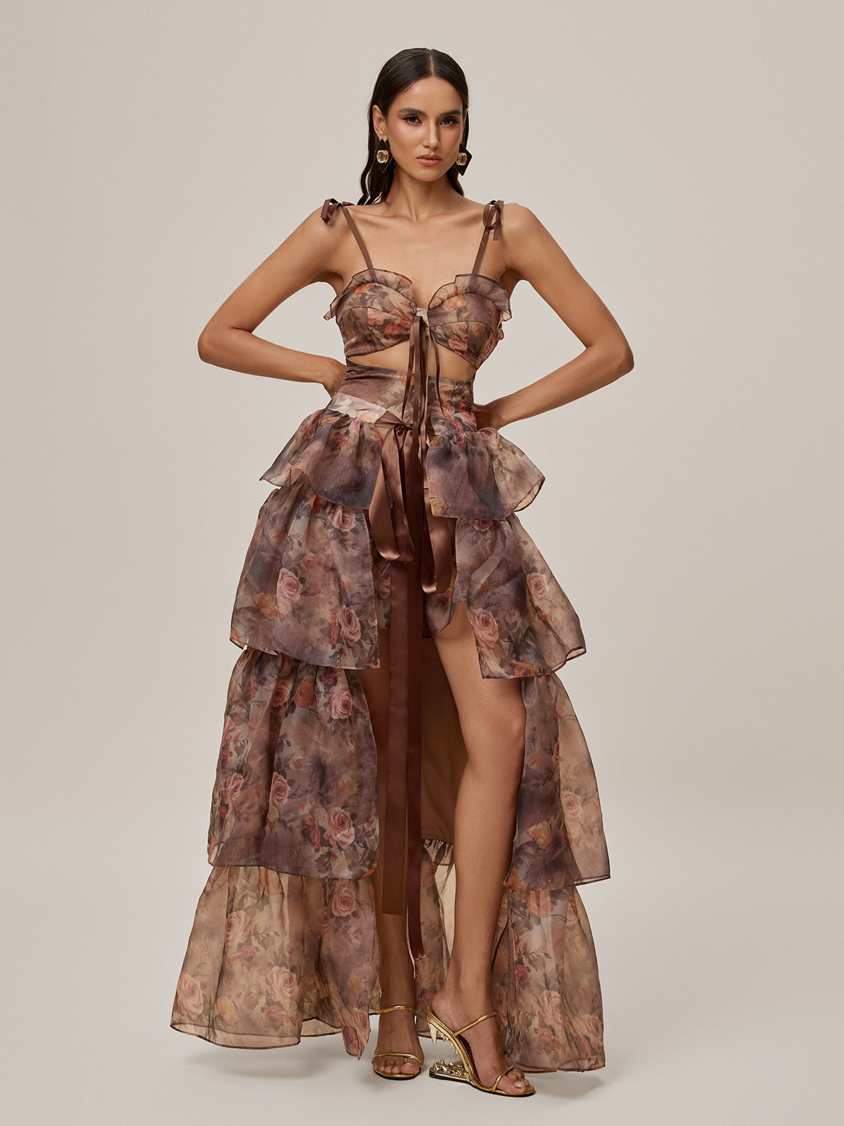 Ensemble jupe et jupe à imprimé floral marron 