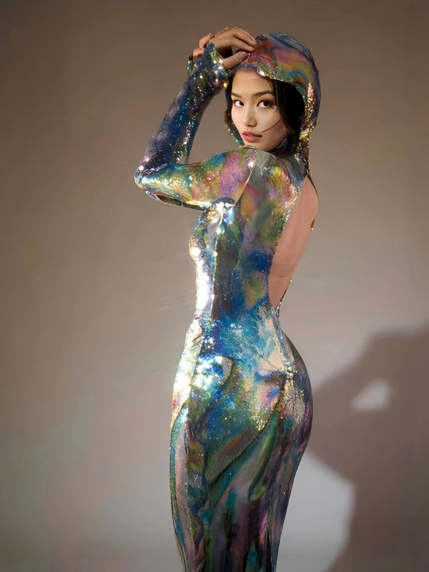 Robe longue à capuche et manches longues ombrée bleue
