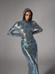 Robe maxi à capuche et manches longues ombrées bleu clair 