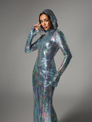 Robe maxi à capuche et manches longues ombrées bleu clair 
