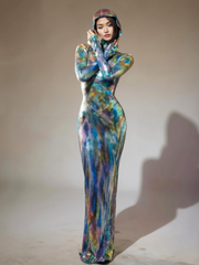 Robe longue à capuche et manches longues ombrée bleue