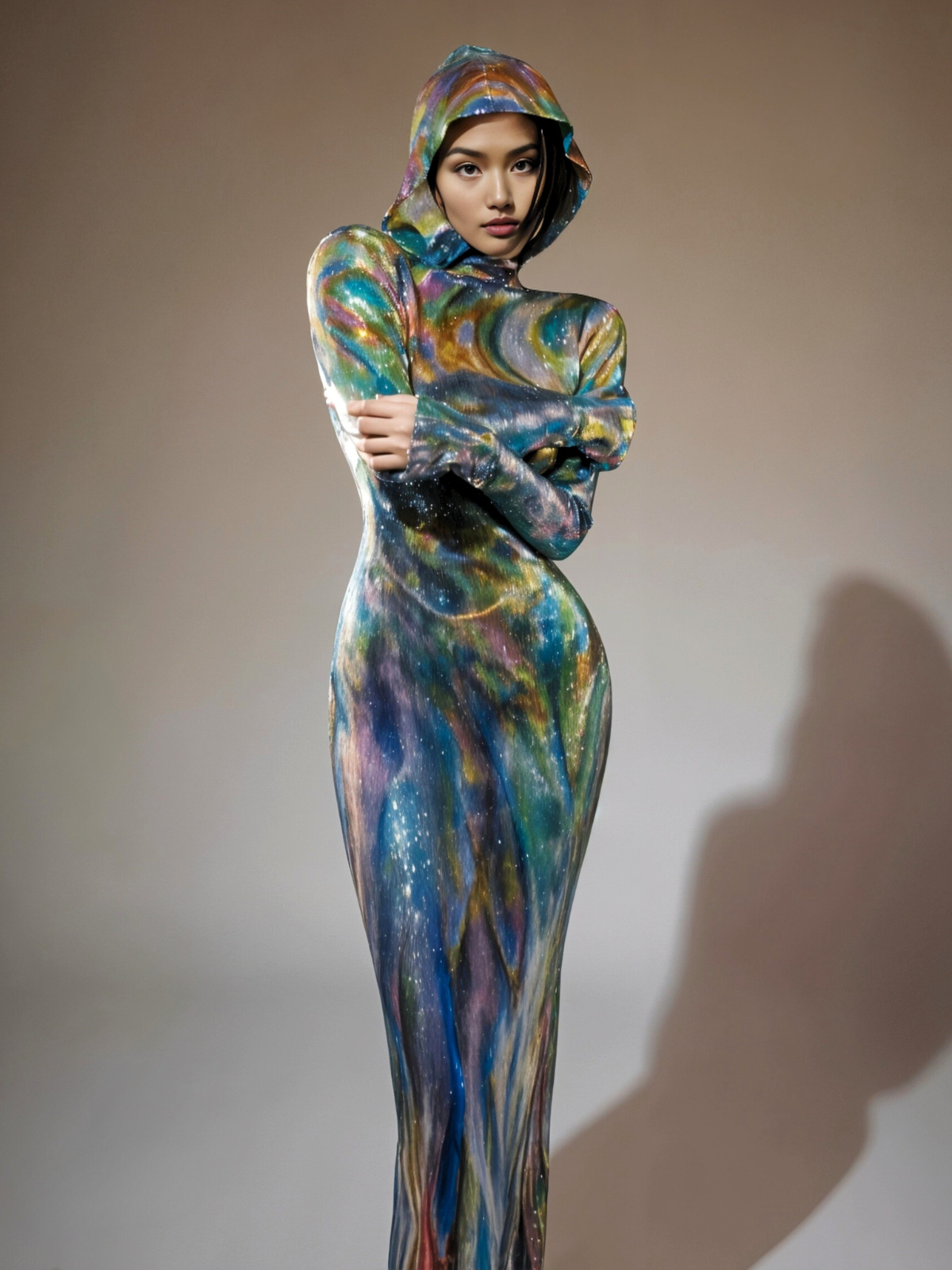 Robe longue à capuche et manches longues ombrée bleue