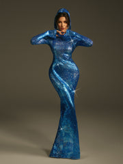 Robe longue à capuche et manches longues ombrées couleur saphir 