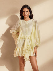 Robe mini à manches ballon et volants couleur abricot 