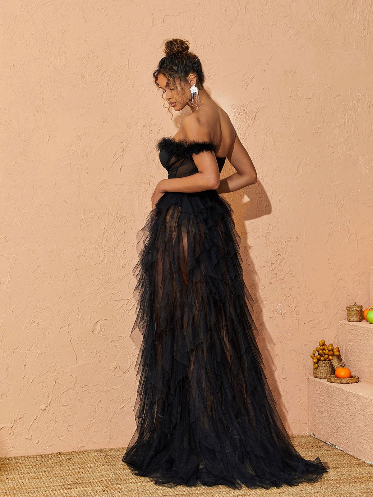 Robe longue asymétrique en tulle noir 