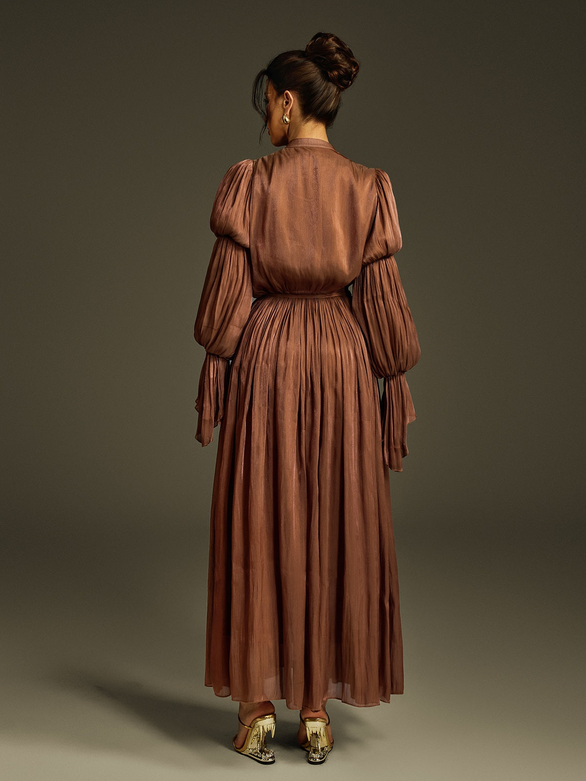 V Neck Ruffle Maxi Dress In Coffee