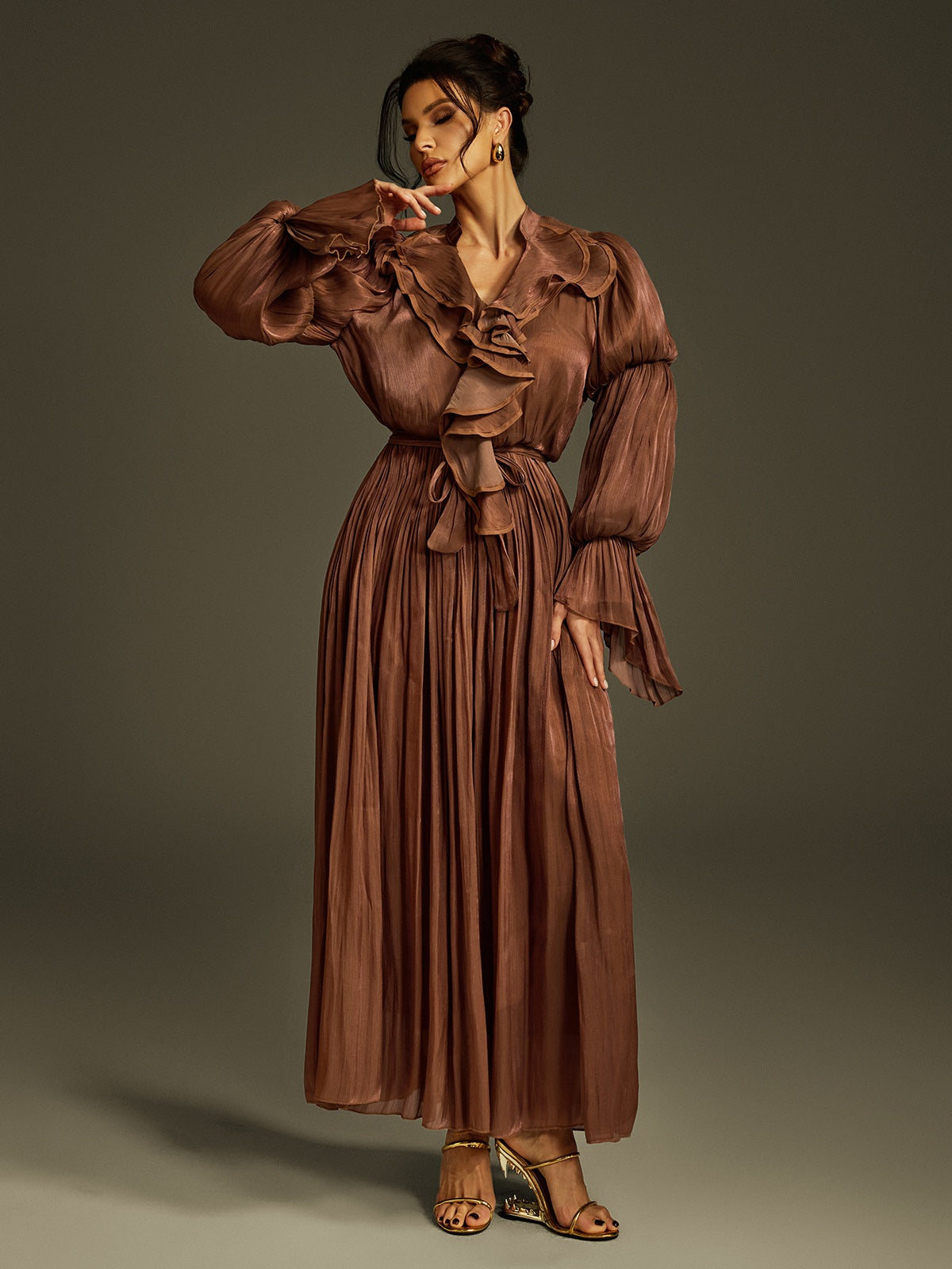 V Neck Ruffle Maxi Dress In Coffee