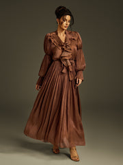 V Neck Ruffle Maxi Dress In Coffee