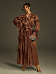V Neck Ruffle Maxi Dress In Coffee