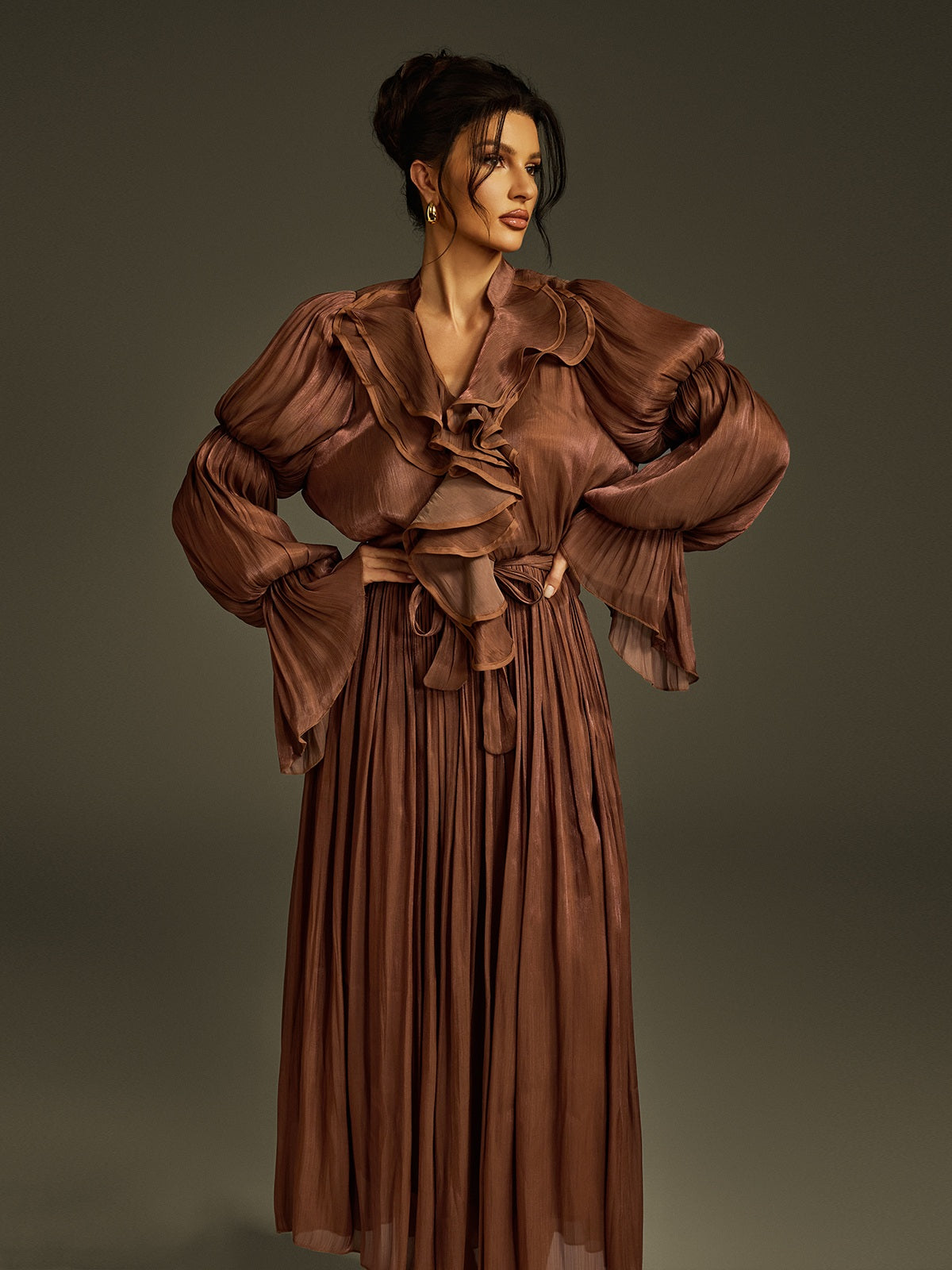 V Neck Ruffle Maxi Dress In Coffee