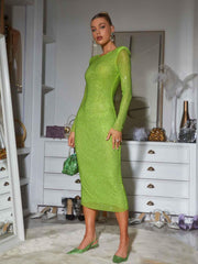 Robe midi verte à manches longues et cristaux 