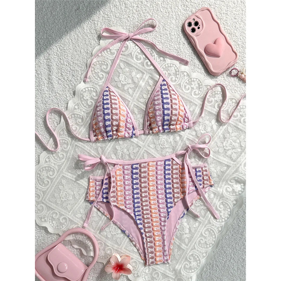 Colorful Cut Out Halter Bikini Mid Waist Two-pieces Bikini Set