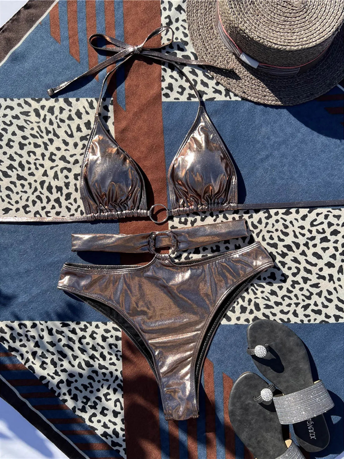 Halter PU Faux Leather Bikini Two-pieces Bikini Set