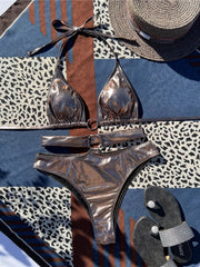 Halter PU Faux Leather Bikini Two-pieces Bikini Set