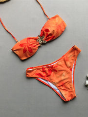 With Metal Flower Printed Bikini Three-pieces Bikini Set