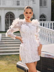 Long Sleeve Flower Trimmed Mini Dress