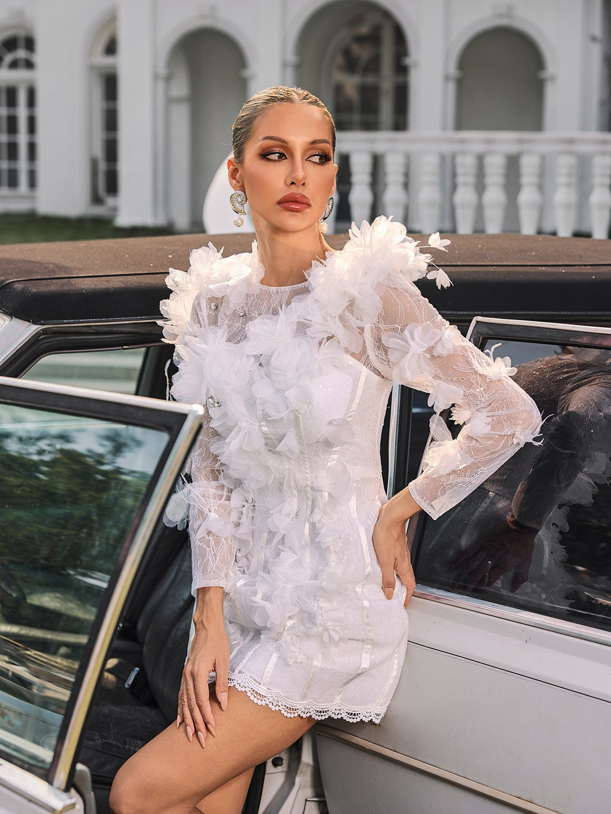 Long Sleeve Flower Trimmed Mini Dress