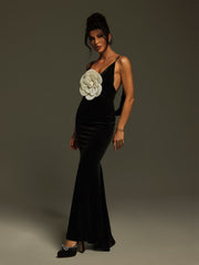 Plunge Neck Flower Velvet Maxi Dress