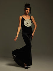 Plunge Neck Flower Velvet Maxi Dress