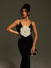 Plunge Neck Flower Velvet Maxi Dress