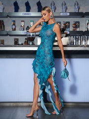 Mesh Flower Midi Dress In Green