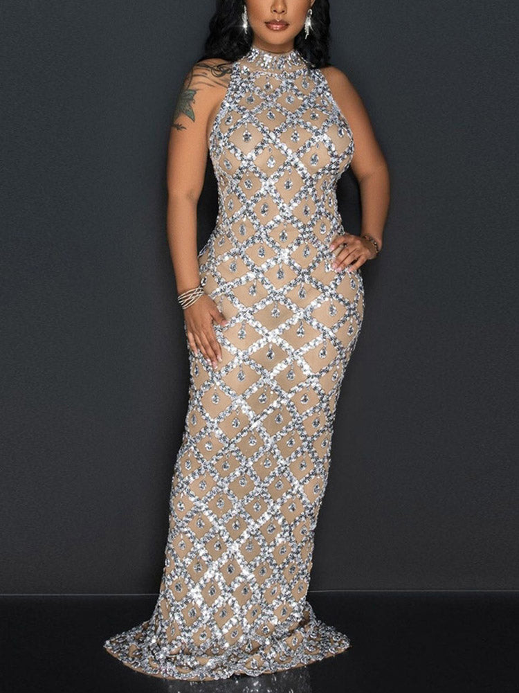 Mesh Sheer Sequin Maxi Dresses