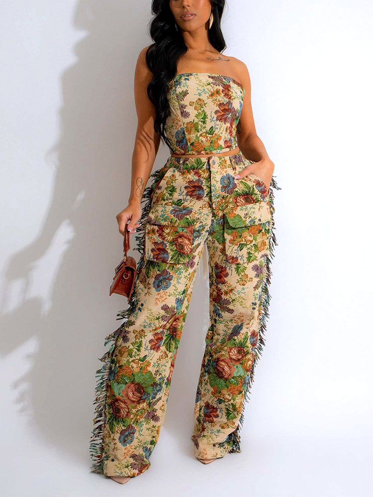Vintage Tube Top Fringe Pants Set
