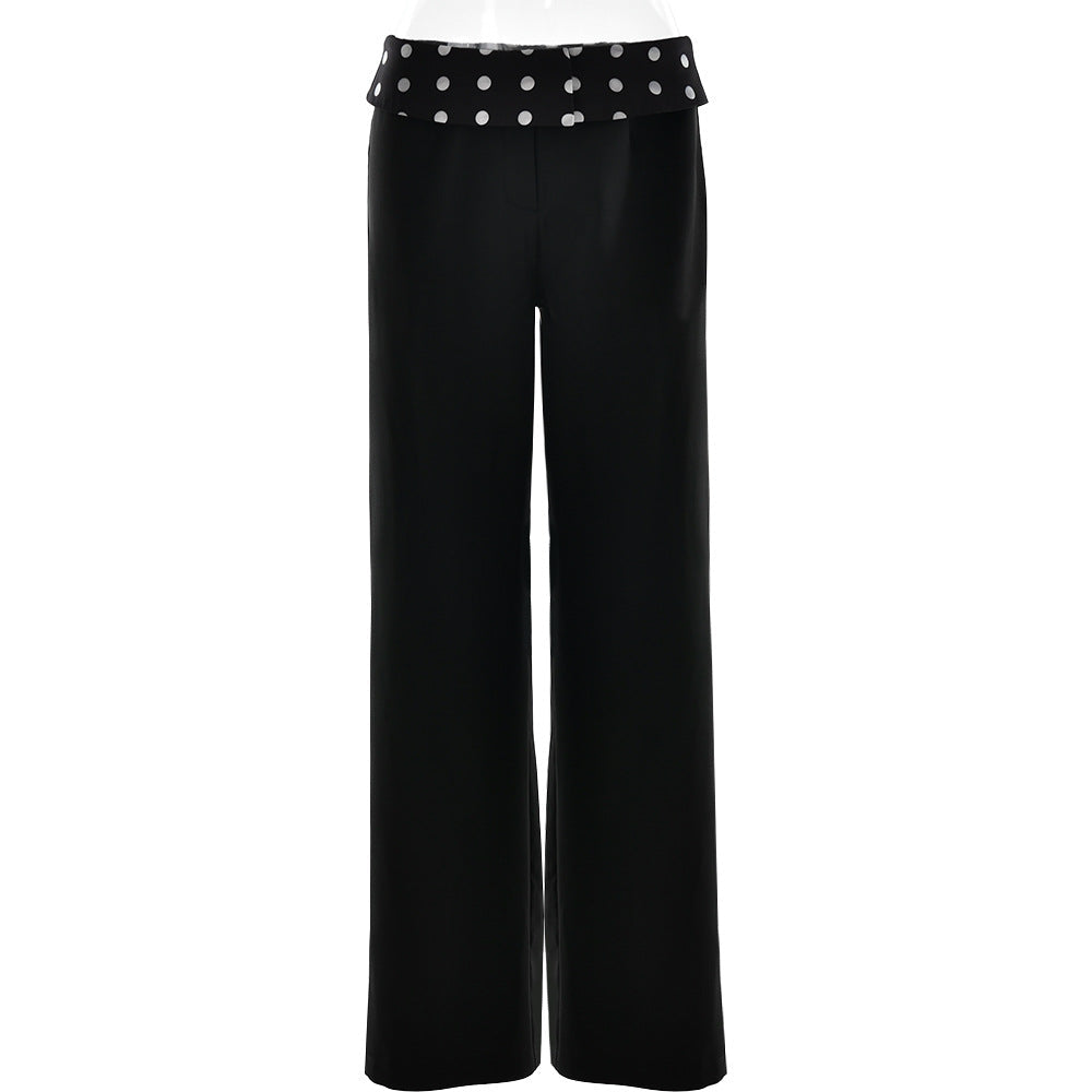 Casual Classic Polka Dot Waist Foldover Straight Leg Pants