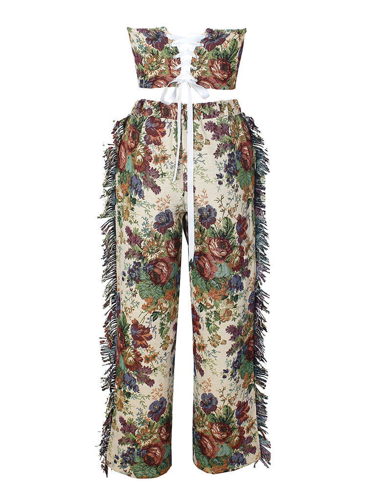 Vintage Tube Top Fringe Pants Set