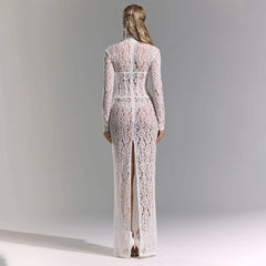 Elegant Luxurious White Lace Maxi Dress