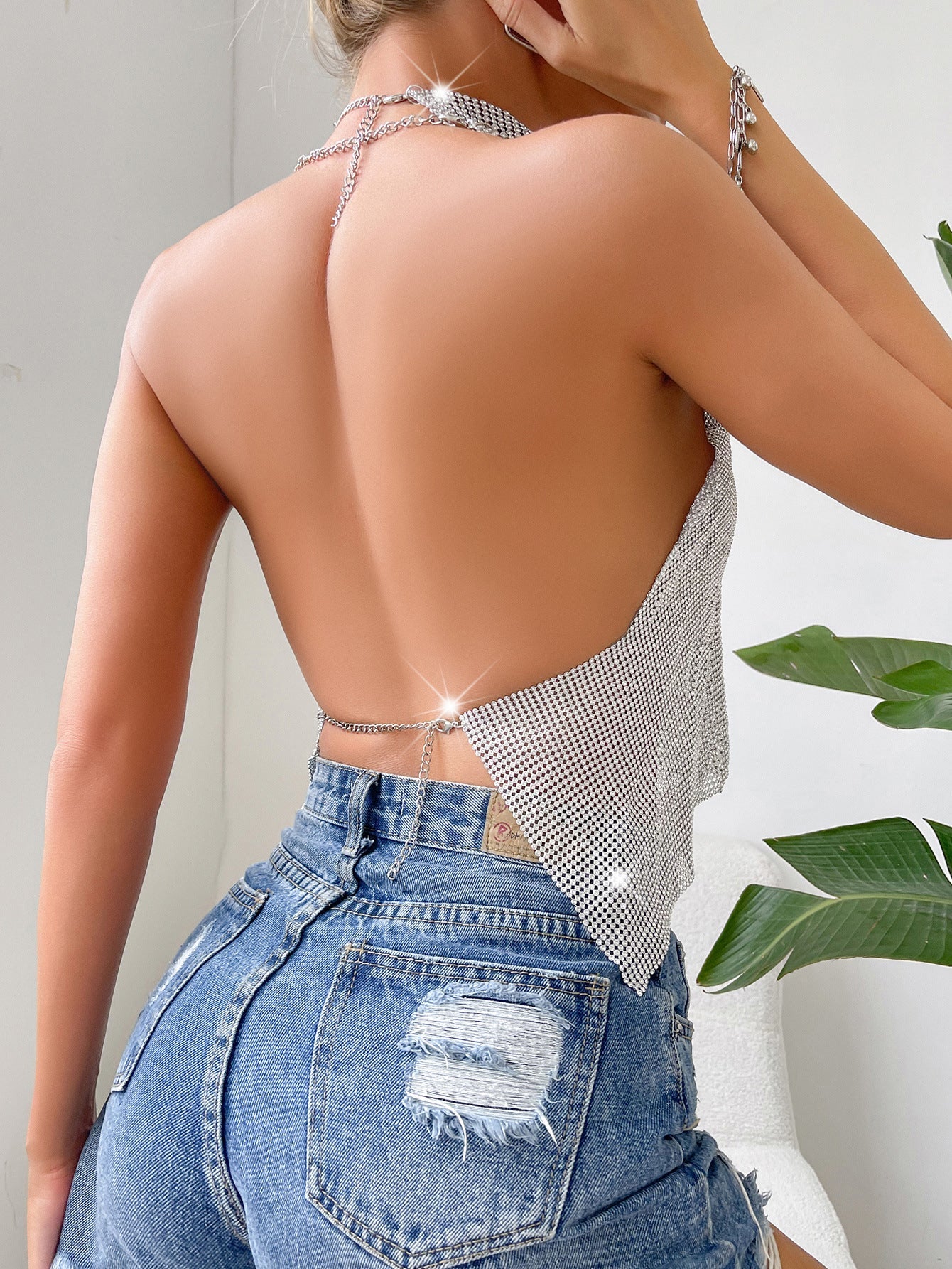 Night Gleaming Silver Beaded Metallic Halter Top