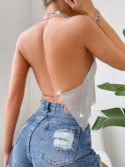 Night Gleaming Silver Beaded Metallic Halter Top