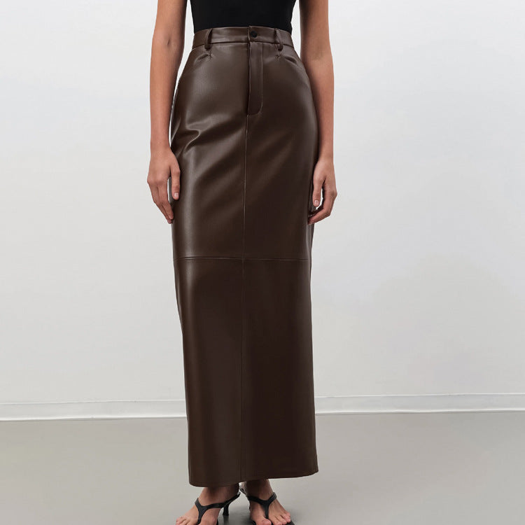 Professional Classic Brown Leather Maxi Skirt