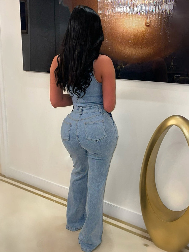 One Shoulder Denim Jumpsuits