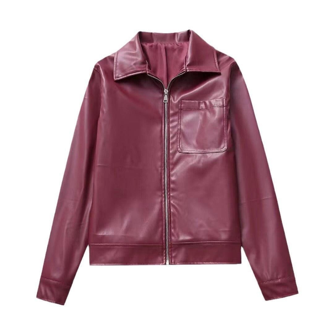 Veste en cuir bordeaux chic