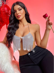 Celebration Sparkling Silver Sequin Fringe Halter Top