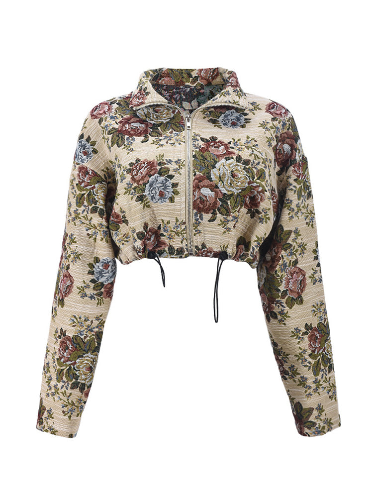 Vintage Floral Zip-Up Crop Jackets