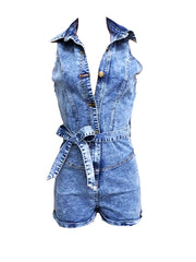 Denim Button Rompers With Belt