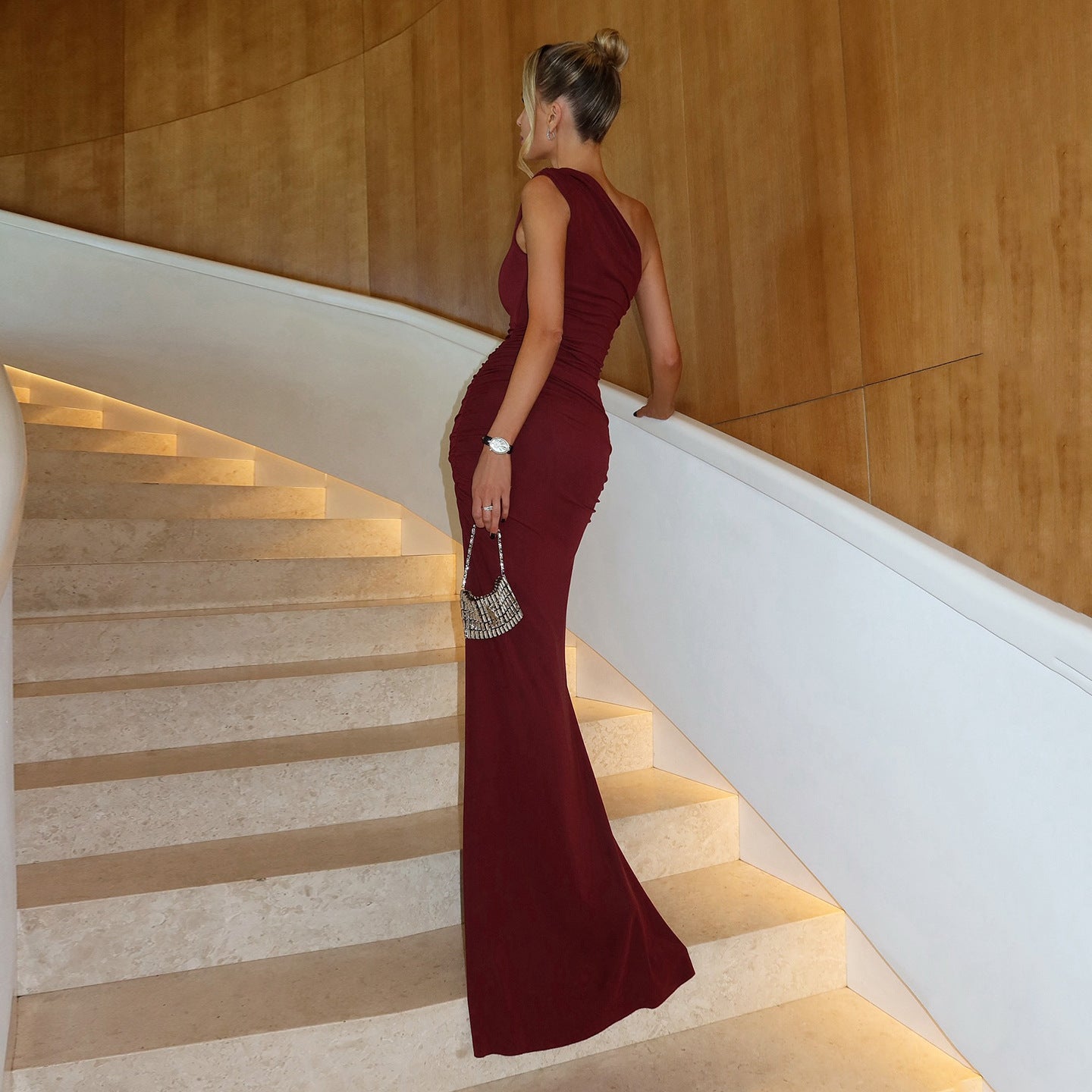 Charming Burgundy One Shoulder Maxi Dress