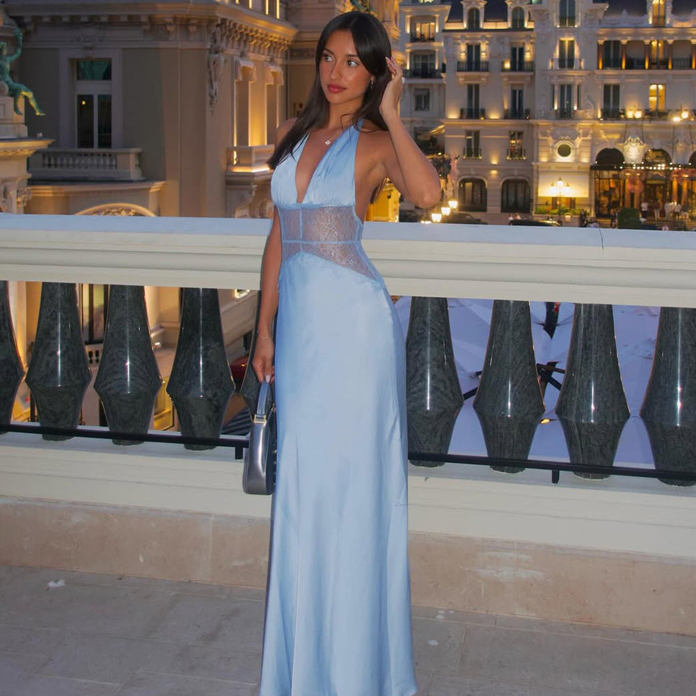 Robe longue dos nu élégante en dentelle à empiècements pour dîner